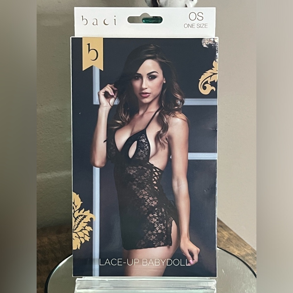 Baci Black Lace-Up Babydoll, new!